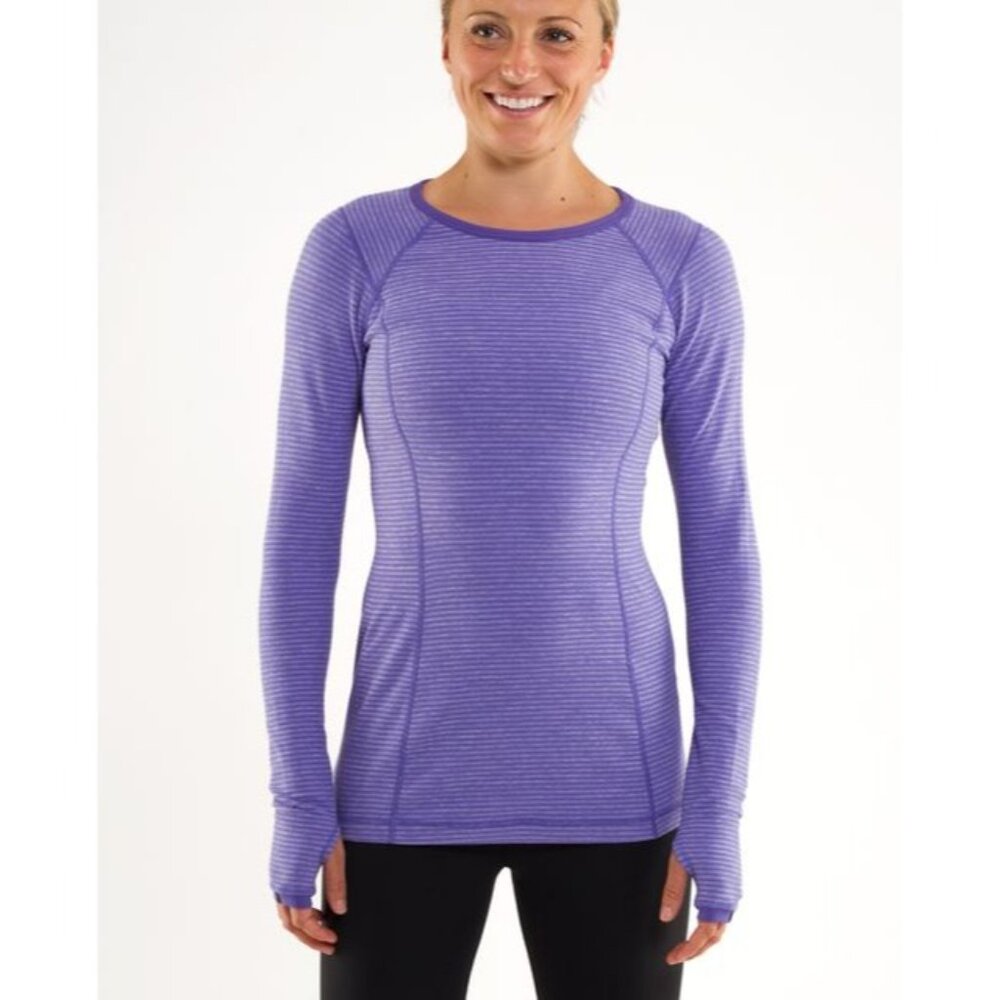 Lululemon Purple Long Sleeve Stripe Crew Neck Athleisure Base Layer Top Sz 2 - Picture 3 of 7